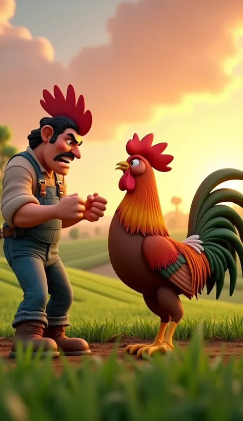 Draw an angry farmer yelling at a rooster with orange and green plumage on the farm. The farm should be picturesque and detailed, with green fields and a sunrise sky with soft orange and pink tones, in a 3D animated style.