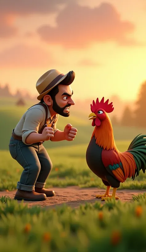 Draw an angry farmer yelling at a rooster with orange and green plumage on the farm. The farm should be picturesque and detailed, with green fields and a sunrise sky with soft orange and pink tones, in a 3D animated style.