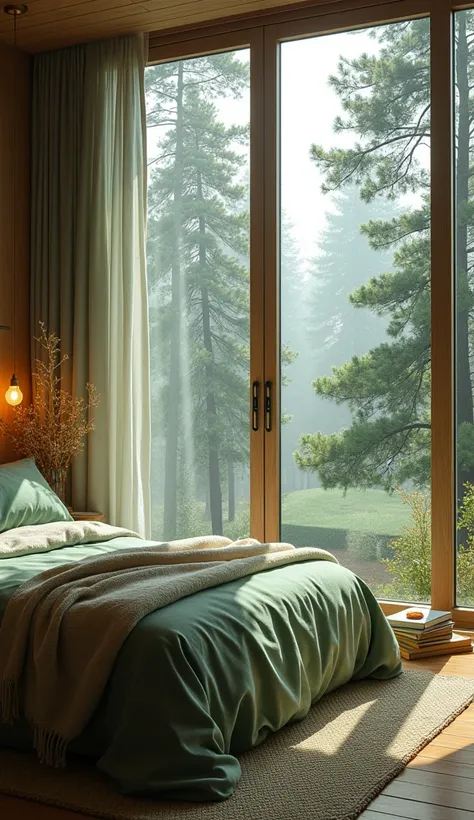 A serene room in a forest setting, where floor-to-ceiling windows display towering pine trees and soft morning fog. A comfortable bed with green and brown tones blends with nature, and a small reading nook by the window features a stack of books and a soft...