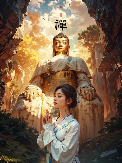 best quality,masterpiece,Ultra-high resolution,(Reality:1.4),xiuxian,Delicate face,A person standing in front of the Buddha and praying，Rock Buddha，Wearing Hanfu