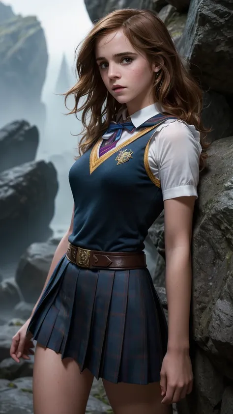 An illustrated movie poster, hand-drawn, full color,(Emma Watson:V2.1 ),( a teenage Hogwarts student:1.4) ,(Camisa blanca corbata y chaleco) , (falda student corto plomo :1.4), (hogwarts school uniform:1.4), 18-years-old, female, wearing a charcoal vest an...