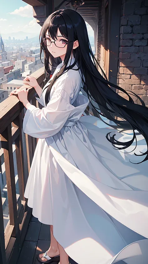 A girl with long, silky black hair wearing glasses and wearing a long white dress. View from the heights of a castle over the city. 8K resolution, fancy, princesselise.