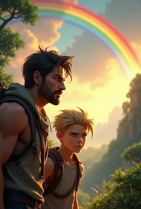 handsome man, Blond and angry looking boy looking for treasure at the end of the rainbow