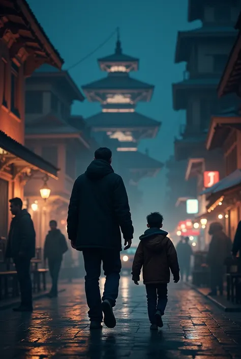 A ma walking in Kathmandu city in night and wear a jacket and with a boy