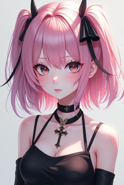 A female anime character with pastel pink hair and black streaks, that she has pale white skin and a black top that has a necklace on in the shape of a cross 