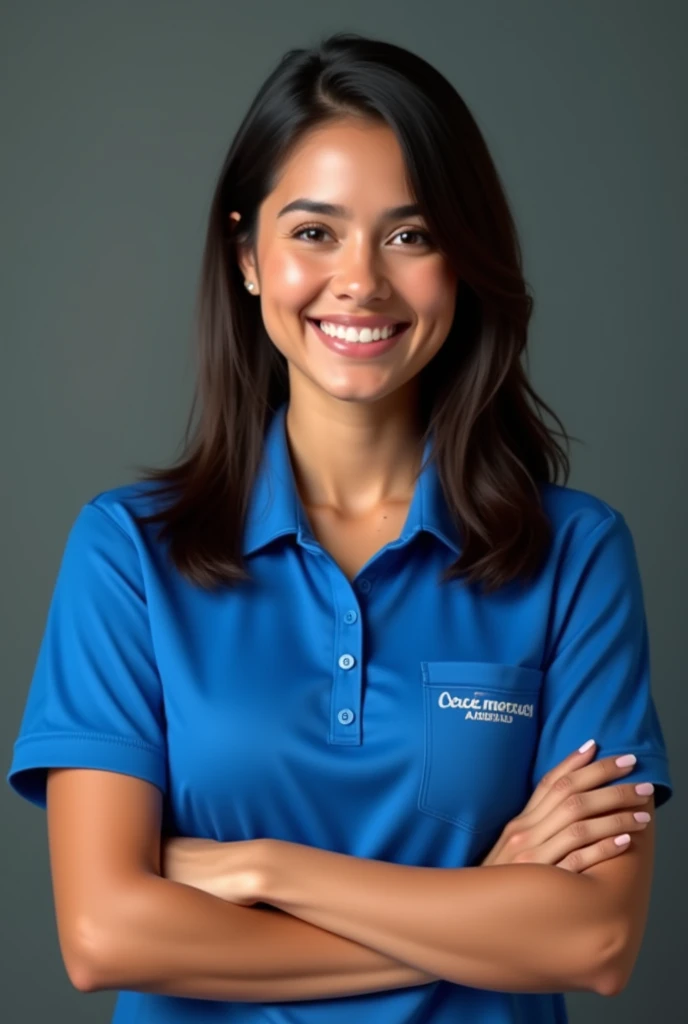 Create a realistic image of a young lady wearing an electric blue polo shirt  . Let it be written in capital letters and white : "CRECE MASS" in the right pocket. Also, the lady has her arms crossed. Also wear a smile . May he be from Latin America and hav...