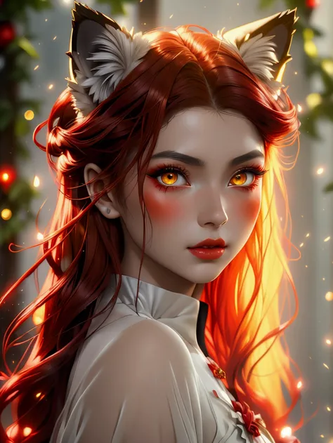 Beautiful scarlet wolf girl, Arnouveau style, fondness, scarlet Wolf ears, red hair is long, sunlight rays, airiness, grace, Floral ornament, хмурая, angry, chiffon, Silk, Correct eye proportions, Expressive yellow eyes, long eyelashes, plump wet lips, Tex...