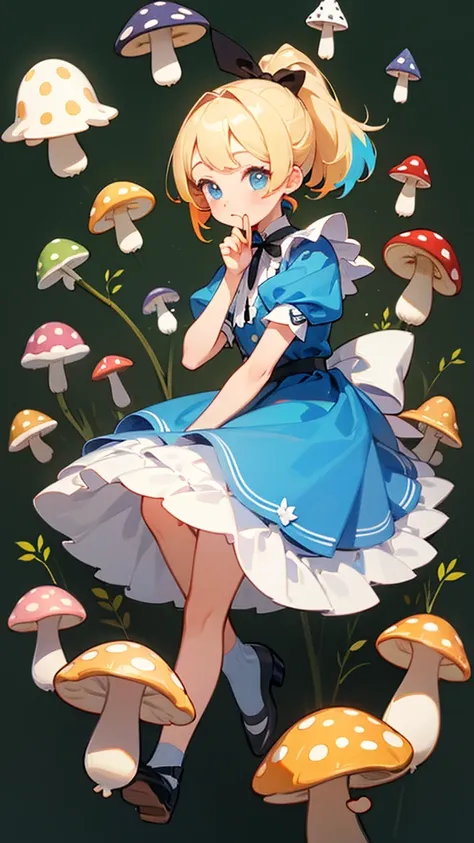 high resolution、Perm blonde、ponytail、Black ribbon on head、simple light blue dress、White frills on the skirt。
A girl like Alice in Wonderland。With cute and colorful caterpillar characters！、
The background is full of colorful mushrooms.。