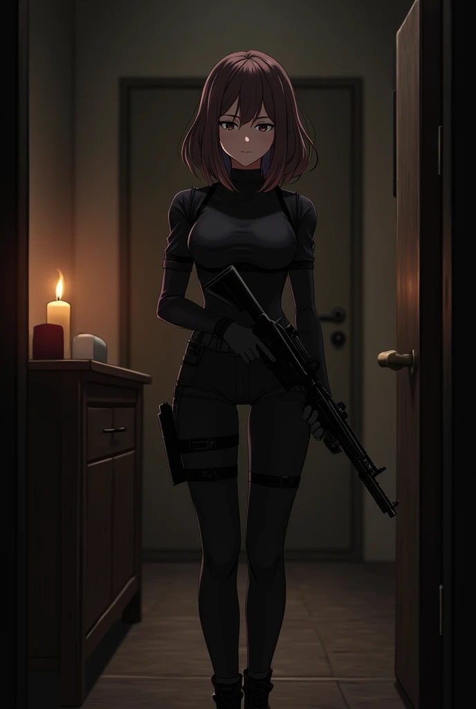 Anime Beautiful woman with shoulder-length wavy brown hair, wearing black tactical military clothing in a dark room lit by a candle, holding a gun with both hands and sighing anime 