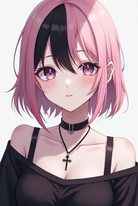 A female anime character with not-so-long, not-so-short pastel pink hair and black hair sections, that she has pale white skin and a black top that has a necklace on in the shape of a cross 