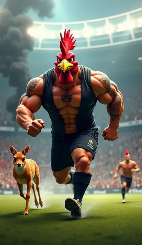 rooster bird in the spotlight, muscular, puffy chest, open black vest, black tattoo, in a soccer stadium, running after a cervo bambi, fans in the background, black smoke in the air