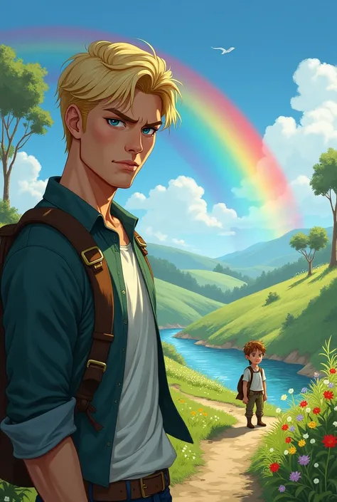 handsome man, Alone, without a child in company, Blond and angry looking boy looking for treasure at the end of the rainbow