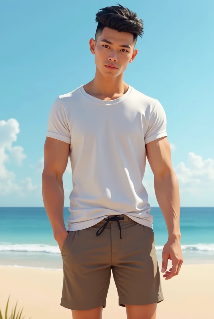 Teenager,Diamond face shape,Have muscles,Black french crop hairstyle,Thai person,Brown shorts,white shirt,Standing on the beach