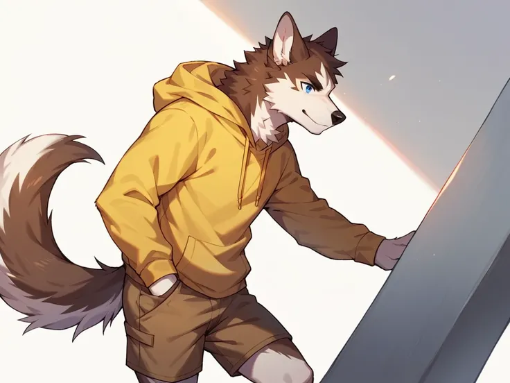 score_9, score_8_up, score_7_up, high quality, hires, anthro, male, husky, brown fur, brown ears, mostly white fur, blue eyes, yellow hoodie, brown shorts, white background,