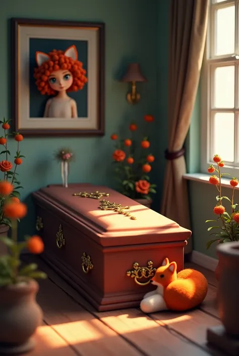 A beautiful coffin with an little 
orange fox next to it
The owner is dead
A picture frame with a picture of a curly Moabite girl with an orange fox hangs on the wall
Style 3D