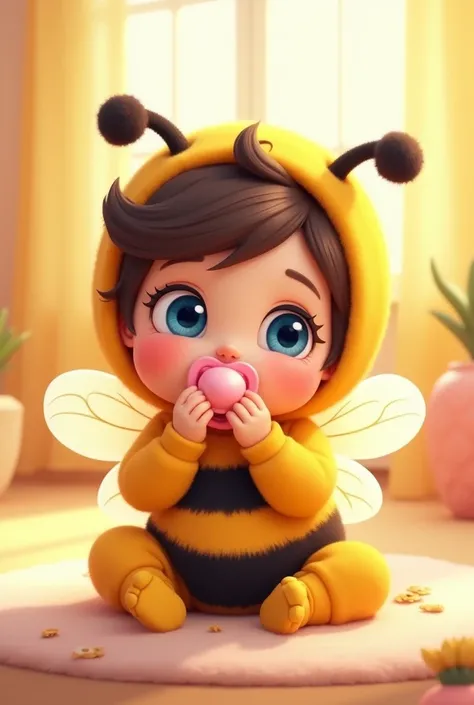 Baby dressed as a bee sitting with a pink pacifier, blue eyes, dark brown hair , animated cartoon 
