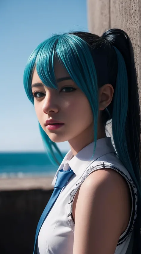 Genius cosplayer girl of Hatsune Miku, intricate detail Highly Detailed Eyes, Faded, Japanese high school white sailor suit, White collar shirts with Sleeveless, sky blue tiny tie, black skirt, black arm cover, 16K resolution, RAW, Nikon Z9, Creative, Mast...