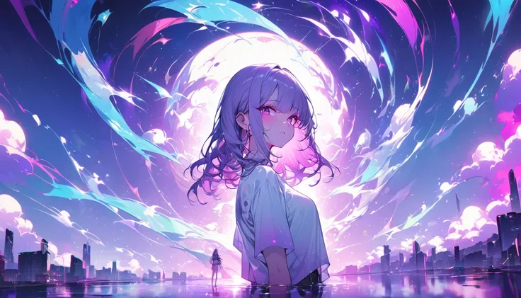 1 girl, Colorful Themes, Synthwave Sky,(最high quality, high quality, High resolution), Actual, Very detailed, Very detailedな顔の特徴, Ridiculous,  Actual lighting and reflections, Very detailedな顔の特徴, See-through shirt, Best Photos,high quality illustration