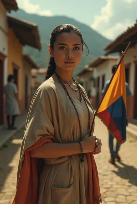 **"A young girl resembling Policarpa Salavarrieta, dressed in period-appropriate attire including a simple dress and shawl, standing in a historical village setting with colonial architecture in the background, holding a small Colombian flag, captured in a...