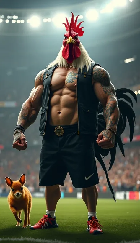 rooster bird in the spotlight, muscular, puffy chest, open black vest, black tattoo, in a soccer stadium, a cervo bambi with red spots, running in front, cheering in the background, black smoke in the air