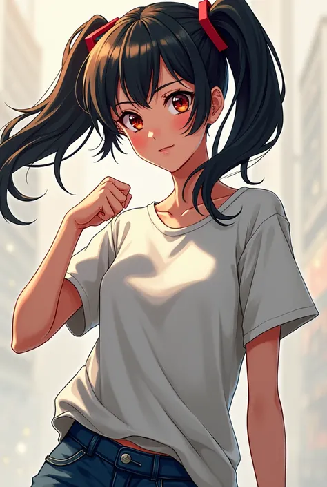 a woman with two ponytails, sharp eyes, her left hand up and her right hand on the waist, wearing an oversized t-shirt, full body, anime style