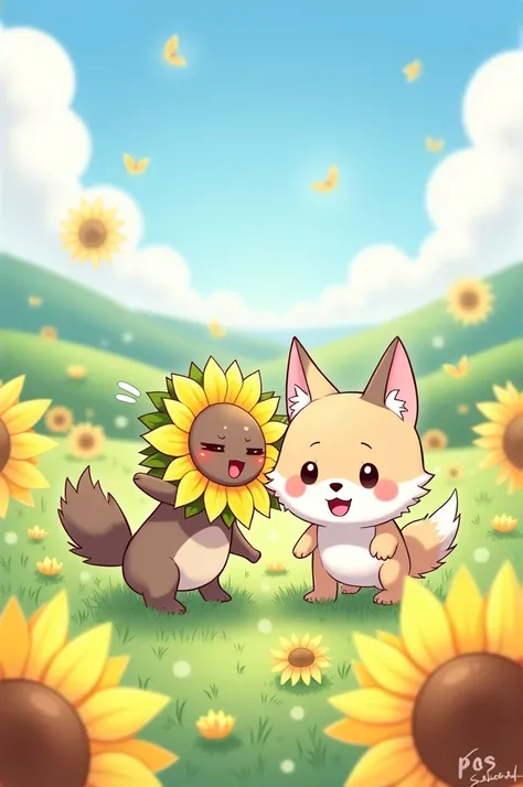 Wolf and sunflower chibi style