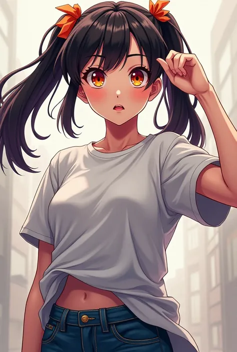 a woman with two ponytails, sharp eyes, her left hand up and her right hand on the waist, wearing an oversized t-shirt, full body, anime style