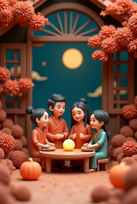 Miniature landscape, clay material, The family is getting together,the background is the Chinese Mid-Autumn Festival reunion atmosphere, the round moon in the sky outside the window, the night view,minimalism, poster art