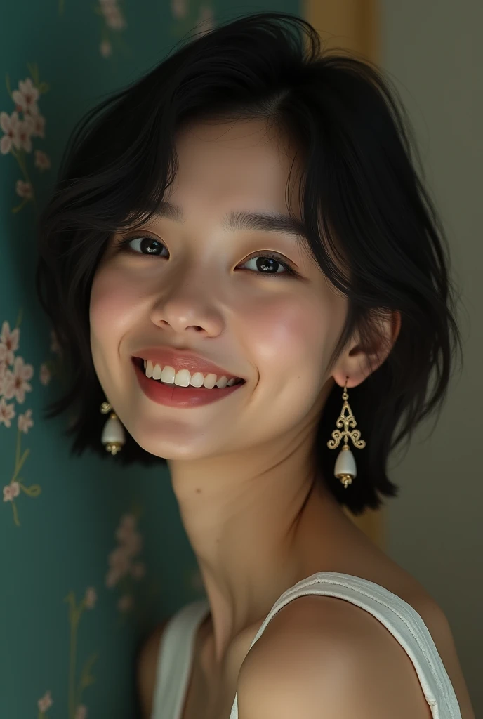 Make a picture of a young Asian (Thai) woman with short hair and earrings smiling sideways. It has a soft bokeh blur texture wallpaper with dark undertones.