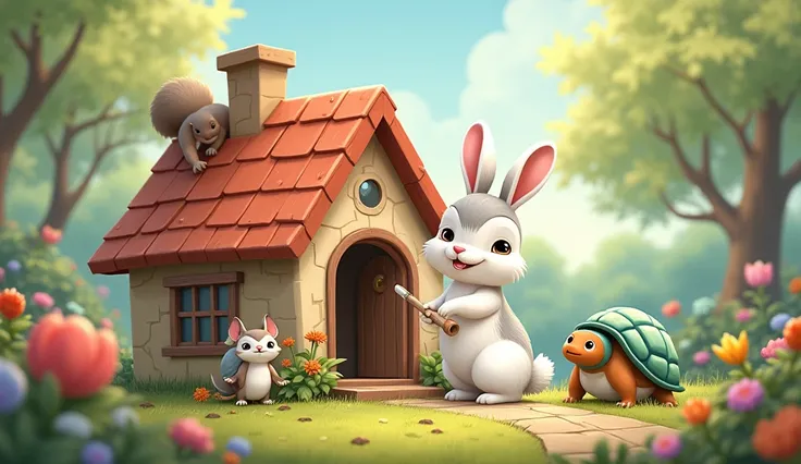 A cute Rabbit(uniform white with slightly gray on the upper body) is standing in front of his small house surrounded by blooming flowers in a forest, with his friends – the squirrel(uniform brownish gray in color with a slightly darker tail and a white che...