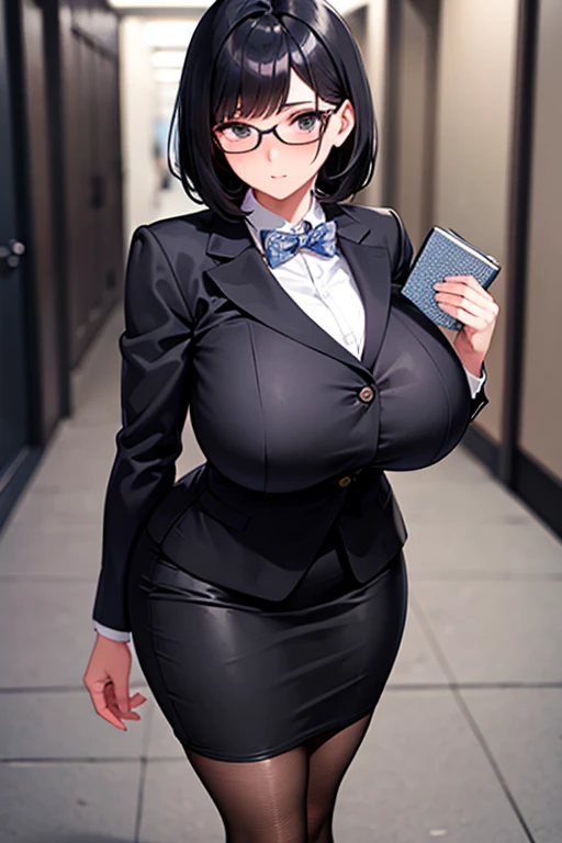 Adult female teacher, black hair, bob hair, formal suit, tight skirt, glasses, stockings, notebook in right hand, school corridor, huge breasts, thick legs, serious