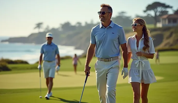 Family at a luxury golf course in Pebble Beach: A financially successful family plays golf at the exclusive Pebble Beach course. The father and son wear matching designer polos, while the mother and daughter are in chic golf attire. Dollar bills are subtly...