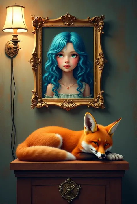 A picture frame with a picture of a girl with curly blue hair
It is hanging on the wall with an orange fox
A beautiful coffin with a little fox sleeping on it