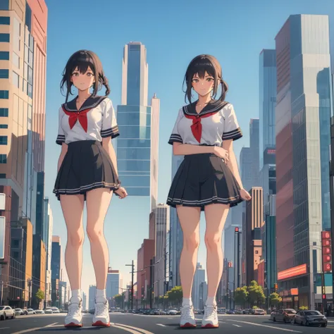 ((two giant high school girls standing on the road) ) composition seen from below, true sunset, sunset, evening, masterpiece ani...