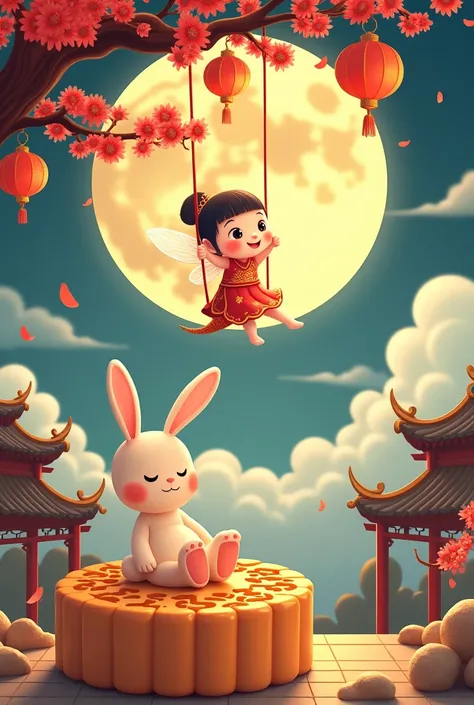 A chubby and cute little fairy, swinging under a osmanthus tree, with a round face, dressed in ancient Chinese clothing, and a little rabbit playing on a huge mooncake. Auspicious clouds, red lanterns, exquisite ancient Chinese architecture, with a huge mo...