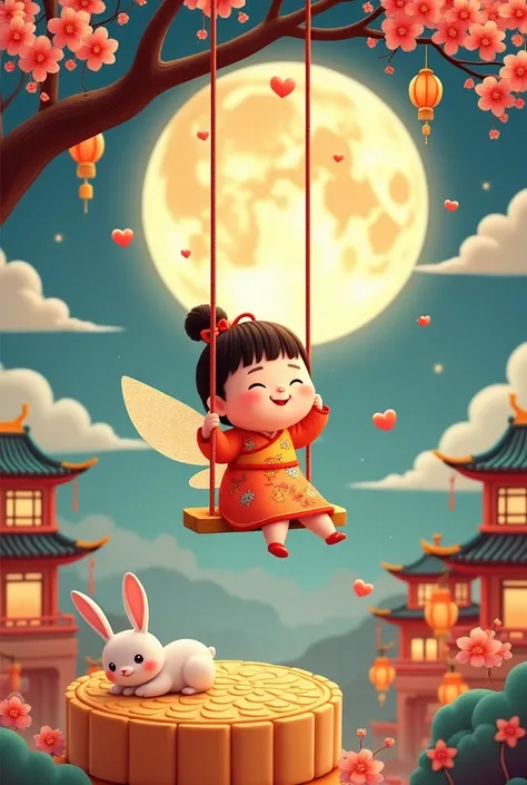 A chubby and cute little fairy, swinging under a osmanthus tree, with a round face, dressed in ancient Chinese clothing, and a little rabbit playing on a huge mooncake. Auspicious clouds, red lanterns, exquisite ancient Chinese architecture, with a huge mo...