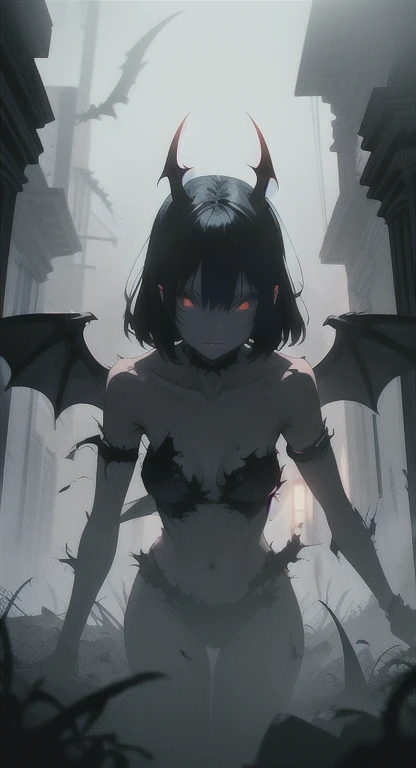 Foggy ancient ruins, ancient female creature, demonic silhouette, succubus shadow figure, red eyes, eyes in the fog, rotting, looking dead, torn wings, 