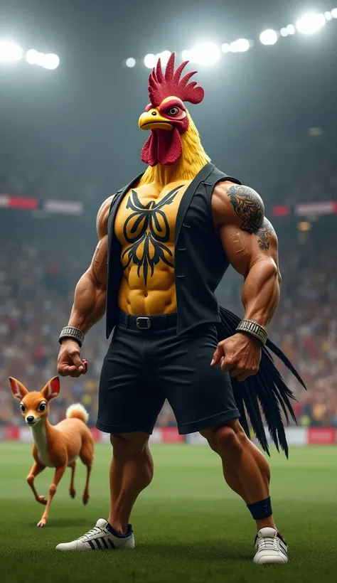 rooster bird in the spotlight, muscular, puffed chest, open black vest, black tattoo, in a soccer stadium, bambi animal, running in front, cheering in the background, black smoke in the air