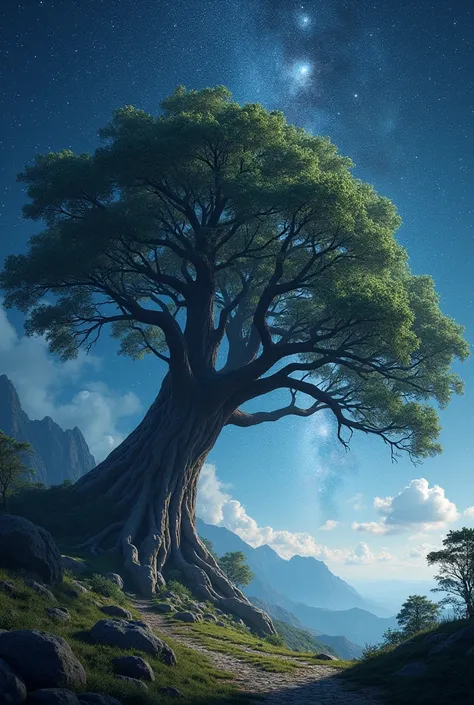 Beautiful tree with long spreading branches against a starry and galactic sky background. Elongated landscape.