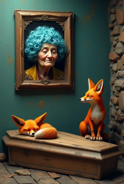 A picture frame with a picture of a very old woman with very curly blue hair
It is hanging on the wall with an orange fox
A beautiful coffin with a little fox sleeping on it
style 3D