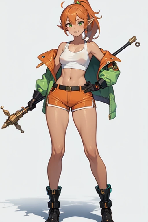 (High definition) (masterpiece), (tanned skin), Young elf girl, wide hips, small breasts, slender body, big thighs, beautiful legs, medium orange hair, green eyes, wearing mechanic outfit, orange shorts, small open jacket, white tank top, gloves, boots, wi...