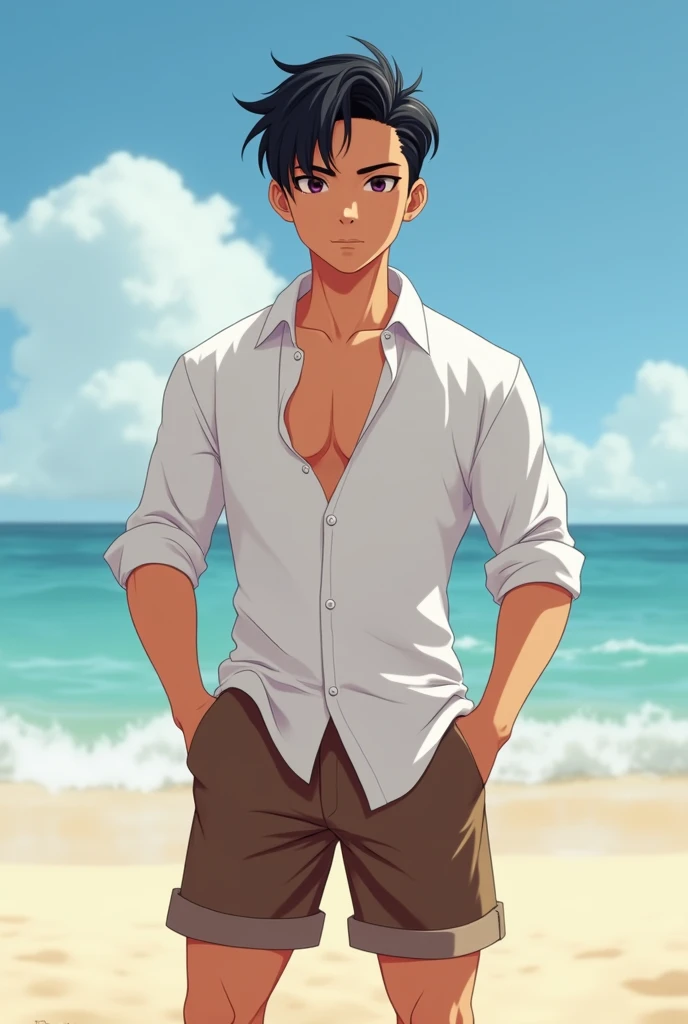 Teenager,Diamond face shape,Have muscles,Black french crop hairstyle,Thai person,Brown shorts,white shirt,Release the hem.,Standing on the beach