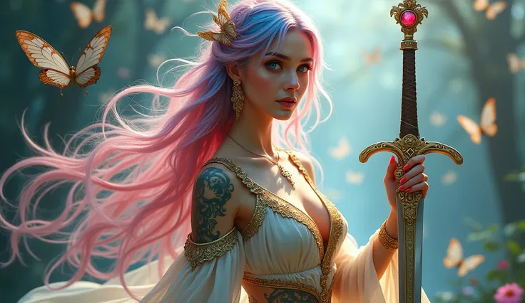 A very sexy girl with long very pink and blue hair, her skin is quite white and delicate, being covered with tattooed magic runes and a brilliant golden dust, Your eyes have heterochromia.. She wears the robes of a beautiful elegant muse and also likes to ...