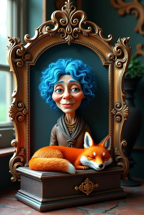 A 3D style picture frame with a picture of a very old woman with very curly blue hair
It is hanging on the wall with an orange fox
A beautiful coffin with a little fox sleeping on it
style 3D