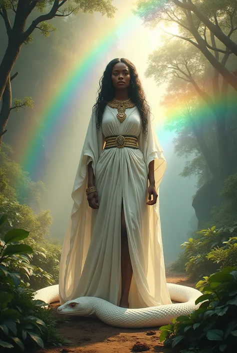 Create an image of an African goddess wearing white and standing with a white serpent, and have a rainbow in the image