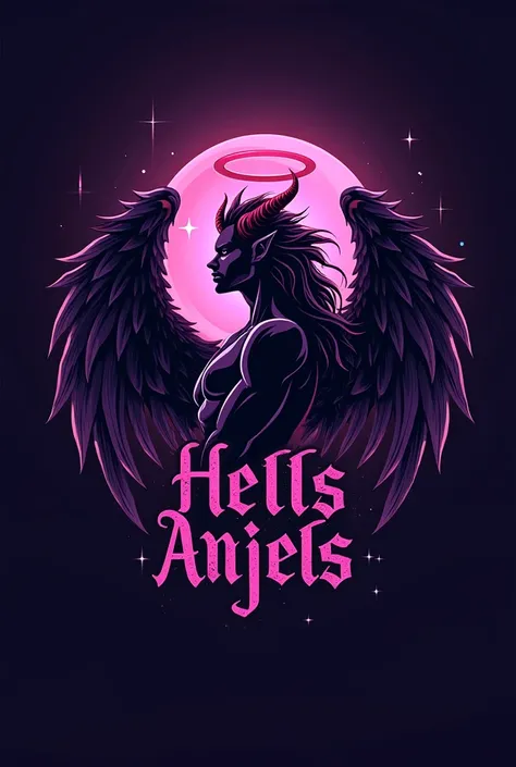 Create a purple logo that has the name HELLS ANJELS and an angel mixed with a demon 