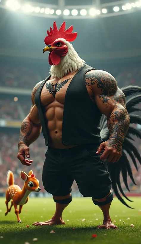 rooster bird in the spotlight, muscular, puffed chest, open black vest, black tattoo, in a soccer stadium, bambi animal, running in front, cheering in the background, black smoke in the air