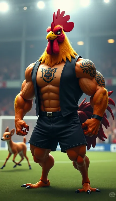 rooster bird in the spotlight, muscular, puffed chest, open black vest, black tattoo, in a soccer stadium, bambi animal, running in front, cheering in the background, black smoke in the air