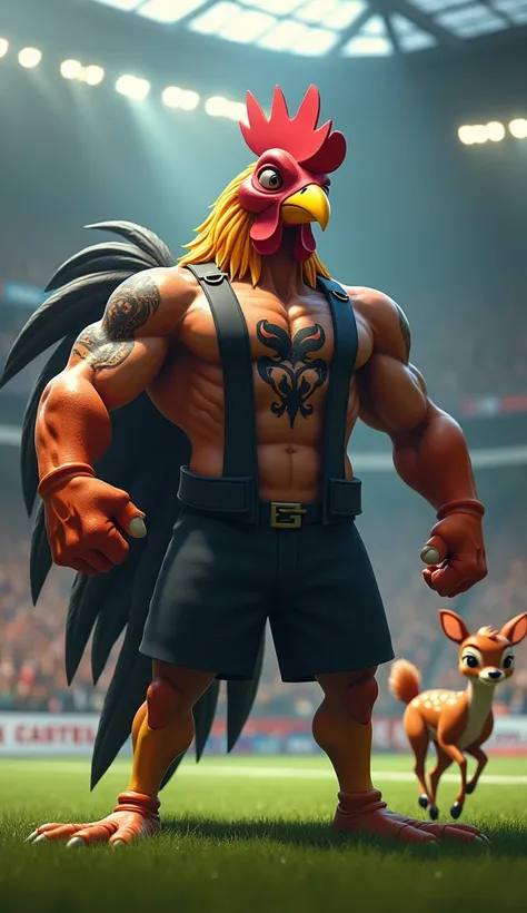 rooster bird in the spotlight, muscular, puffed chest, open black vest, black tattoo, in a soccer stadium, bambi animal, running in front, cheering in the background, black smoke in the air