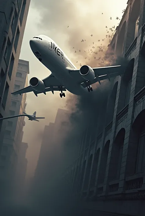 Image with a commercial plane in the background with the name Iker crashing into a building
